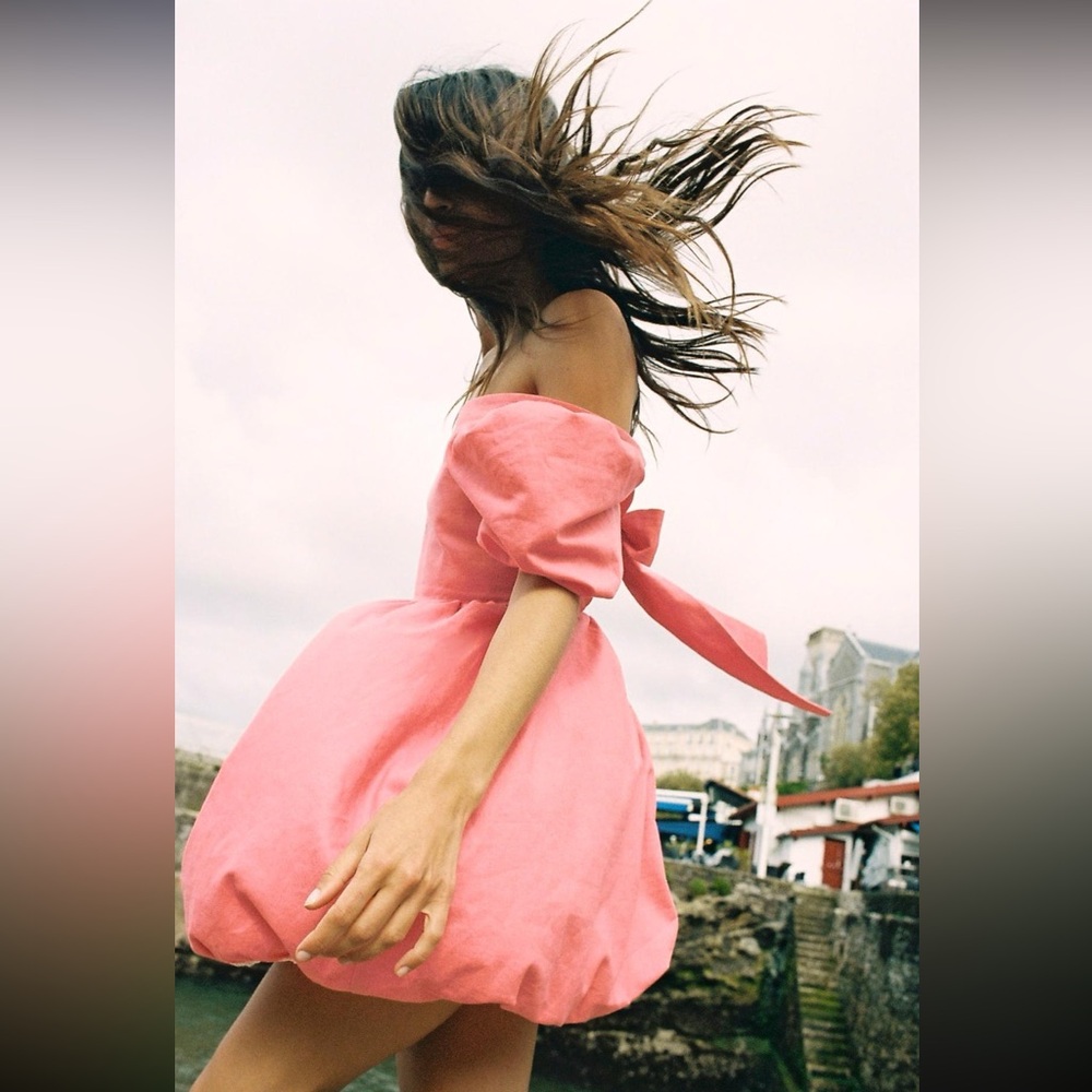 Zara Linen Blend Pink Bow Mini Dress
